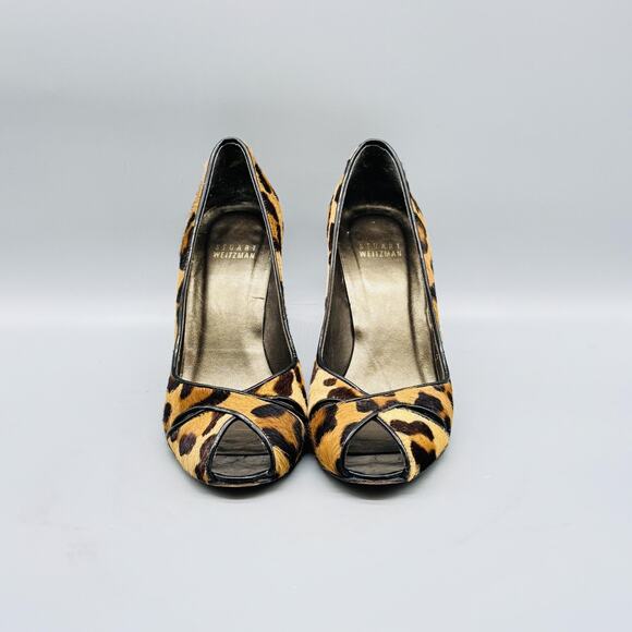Stuart Weitzman Shoes Womens 5.5 Brown Calf Hair Leather Pumps Leopard Peep Toe - Picture 3 of 12